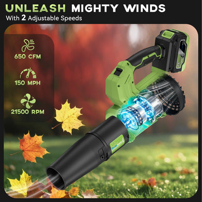 EnduTools Leaf Blower Cordless - 650 CFM 150 MPH Electric Leaf Blower with 2 x 4.0Ah Batteries & Fast Charger, 2-Speed Settings, Lightweight Blower for Lawn, Yard, Leaves, Dust, and Snow Care (Green)