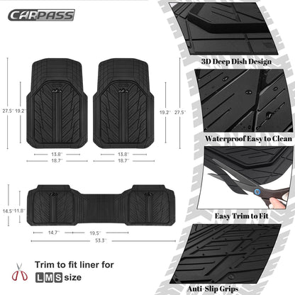 CAR PASS Heavy Rubber Car Floor Mats, Deep Waterproof Car Mats All Weather, Universal Trim-to Fit Automotive Floor Mats for Car SUV Truck Van, Durable Floor Liners Solid Black