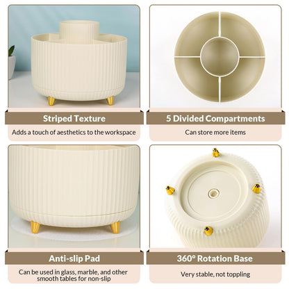 SKYDUE 360 Rotating Plastic Desk Pen Organizer with 5 Slots, Dual-Purpose Art Supply Pencil Cup for Office, School, Home