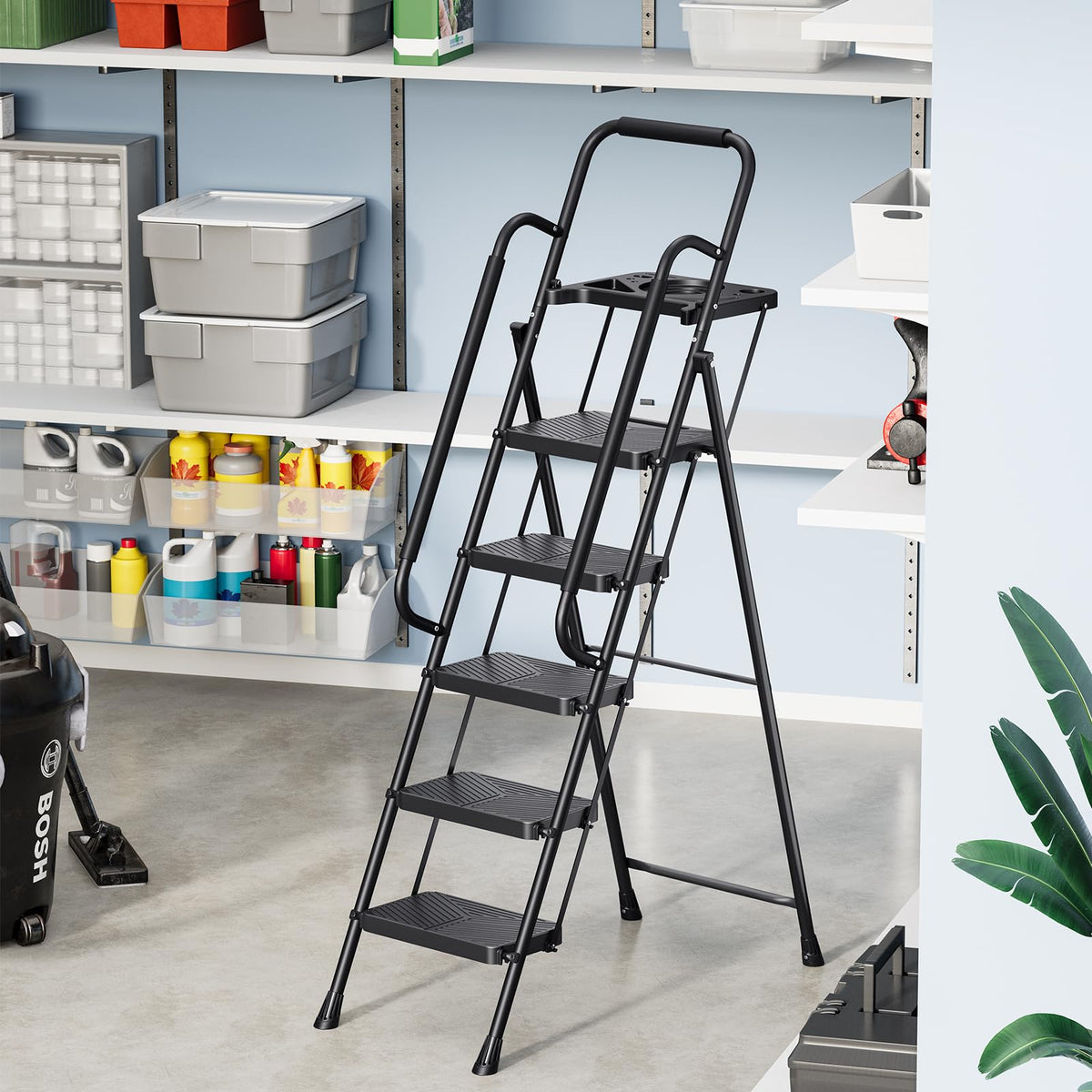 KINGRACK Folding 5 Step Ladder, Portable Ladder for Multi-Purpose, Home, Kitchen, Heavy Sturdy Steel Step Stool with Anti-Slip Wide Pedals, Handrail, Safe-Lock Design, Pass 500lbs Load Testing, Black