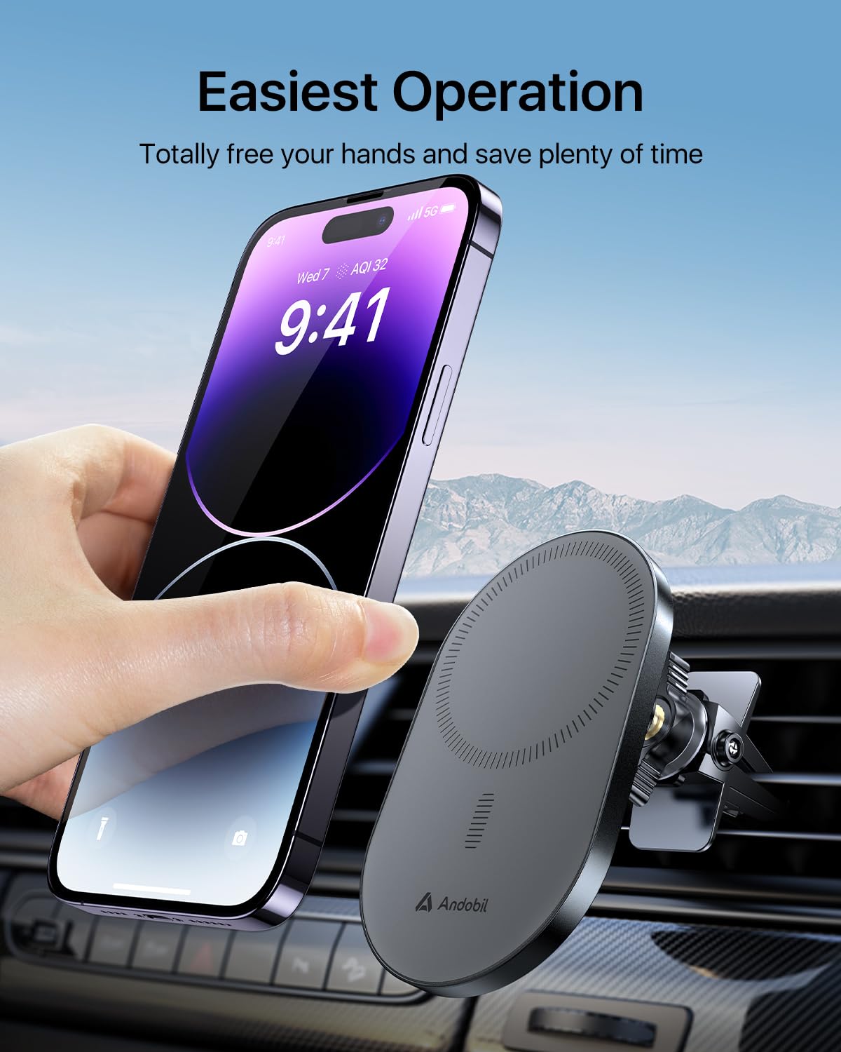 andobil 2025 Upgraded for Magsafe Car Mount [Biggest Panel, Big Phone Friendly] 360° Rotation Magnetic Phone Holder for Car Vent Suitable for iPhone 16/15/14 Pro Max Samsung S25/S24 (Grey)