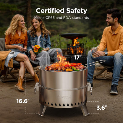 Ciays Smokeless Firepit, 17 Inch Fire Pit for Camping with Patented Technology, Portable Fire Pit for Outside with Steel Grill Rack, Fire Poker, and Bag, Easy Setup and Storage, Wood Burning