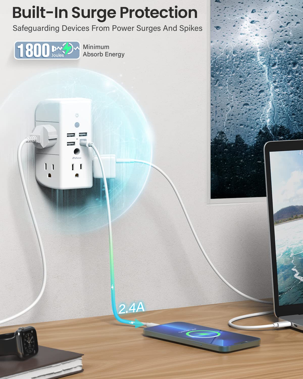 Mifaso 3-Sided Multi Plug Power Strip, Wall Extender with Shelf, Night Light & Surge Protector, USB Wall Charger with 5 AC Wide Space Outlets and 3 USB & 1 C Port, White