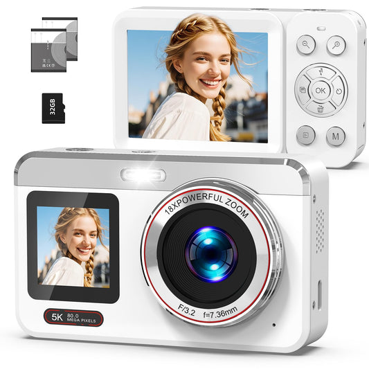 Hoorola 5K Digital Camera, 80MP Dual Screen Autofocus Vlogging Camera, 18X Zoom Point and Shoot Camera for Photography, Flash, 32GB Card, 2 Batteries, Compact Camera for Teens Adults (White)