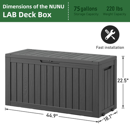 NUNU LAB 75 Gallon Outdoor Storage Box,Large Resin Sturdy Deck Box, Backyard Outside Storage Box Waterproof with Double Wall Panels,Package Delivery Garden Hose Storage Bin Outdoor Tool