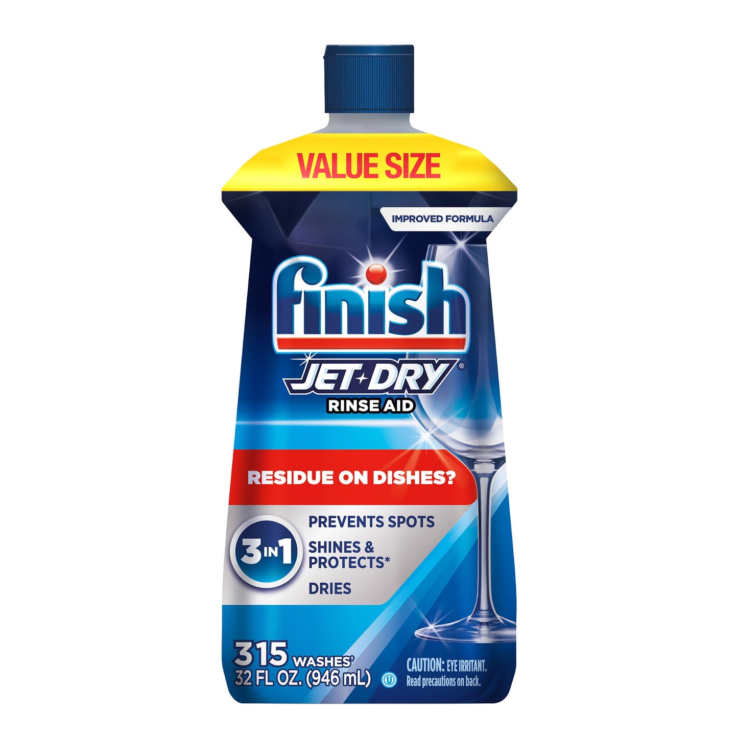 Finish Jet-Dry Dishwasher Rinse Aid, Compatible with Dishwasher Detergent, Prevents Spots & Residues, Dries, Shine & Protects, 32 oz, 315 washes