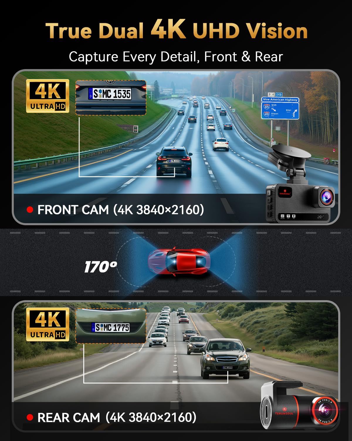 TERUNSOUl 4K+4K Dash Cam Front and Rear, Free 128GB Card Included, 5.8GHz WiFi Dash Camera for Cars, Built-in GPS, G-Sensor, 170°Wide Angle, 3" IPS Screen, 24H Parking Mode, Support 512GB Max