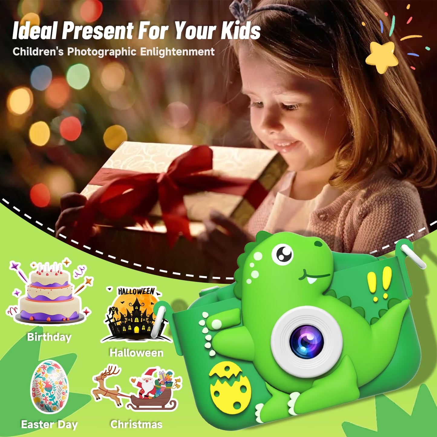 MindPal Kids Camera Toys for 3-8 Year Old Boys Girls, Dinosaur 1080P HD Selfie Digital Camera with 32GB Card, Christmas Birthday Gift for Kids