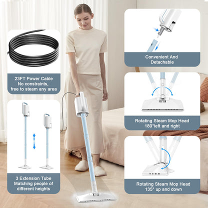 Steam Cleaner, 6 in1 Rotated Steam Mop Cleaner with 2 Modes, 2 Microfiber Pads, 400ML Removable Tank, 23FT Power Cable, Detachable Steam Mops for Floor, Laminate Floor, Tiles Cleaning (Deepwater Blue)