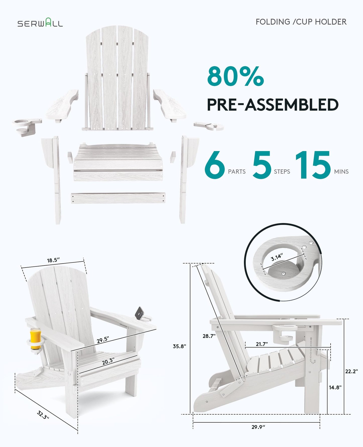 SERWALL Adirondack Chair with Cup Holders - Composite Adirondack Chairs HDPE Outdoor Chairs All Weather Use- White