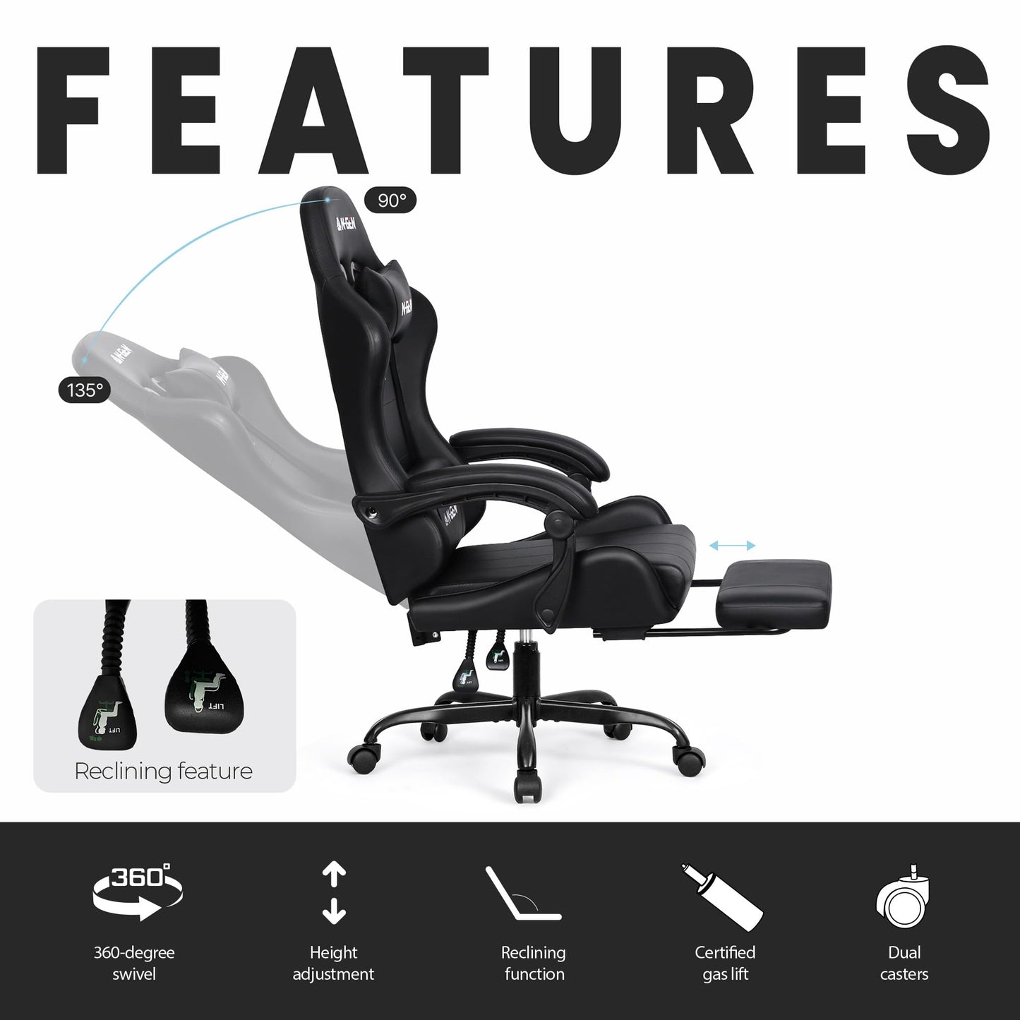 N-GEN GAMING Video Gaming Chair with Footrest Lumbar Support for Home Office High Back Recliner Height Adjustable Ergonomic Comfy Leather Computer Desk Chair (Black)