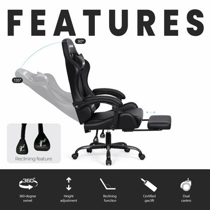 N-GEN GAMING Video Gaming Chair with Footrest Lumbar Support for Home Office High Back Recliner Height Adjustable Ergonomic Comfy Leather Computer Desk Chair (Black)