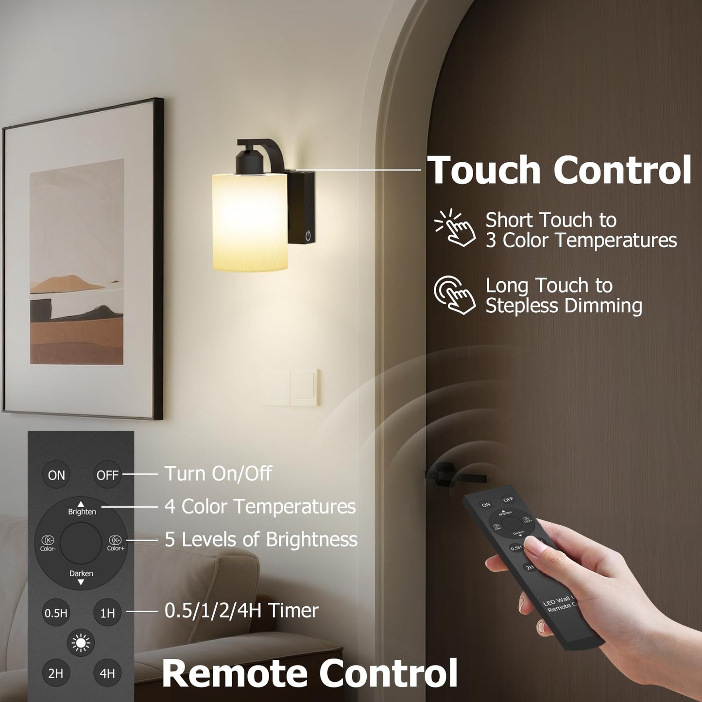 iThird Wall Sconce Battery Operated Set of 2, 6000mAh Rechargeable Wall Lights with Touch Control and Remote Control, Wireless Wall Lamps for Bedroom, Black Sconces Wall Decor for Living Room Hallway