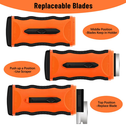 DEKEones Razor Blade Scraper, 2 Pack 2-in-1 Retractable Double-ended Razor Scraper Tool with 20PCS Plastic and Metal Razor Blades, Multi-Purpose Scraping Tool for Cleanning Cooktop, Oven (Orange）
