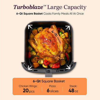 Cosori 9-in-1 TurboBlaze Air Fryer 6 Qt, Premium Ceramic Coating, 90°–450°F, Precise Heating for Even Results, Air Fry, Roast, Bake, Broil, Dry, Frozen, Proof, Reheat, Keep Warm, 120V, Dark Gray