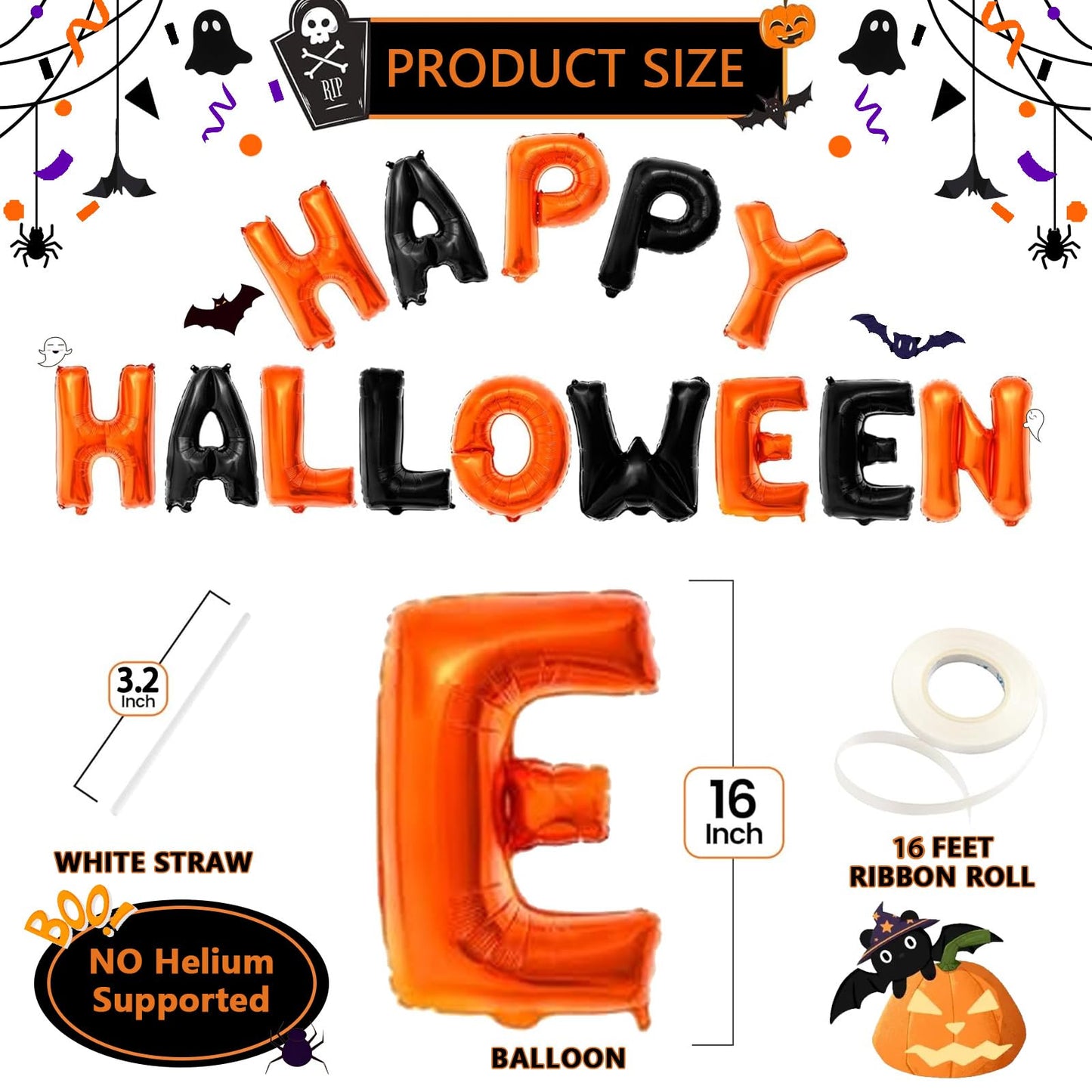 Happy Halloween Balloons Banner - Orange and Black Helloween Banner Backdrop Garland, 16 Inch Large Mylar Hanging Foil Balloon Banners With Straw Ribbon for Indoor Outdoor Halloween Party Decorations