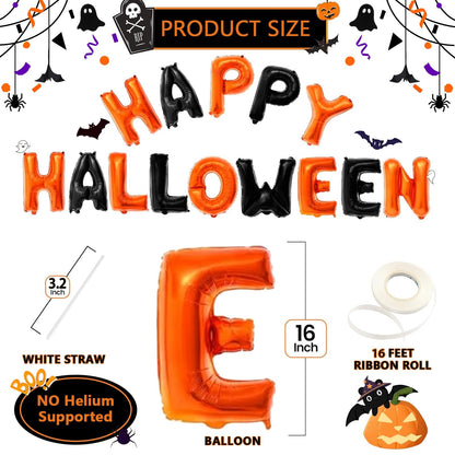 Happy Halloween Balloons Banner - Orange and Black Helloween Banner Backdrop Garland, 16 Inch Large Mylar Hanging Foil Balloon Banners With Straw Ribbon for Indoor Outdoor Halloween Party Decorations