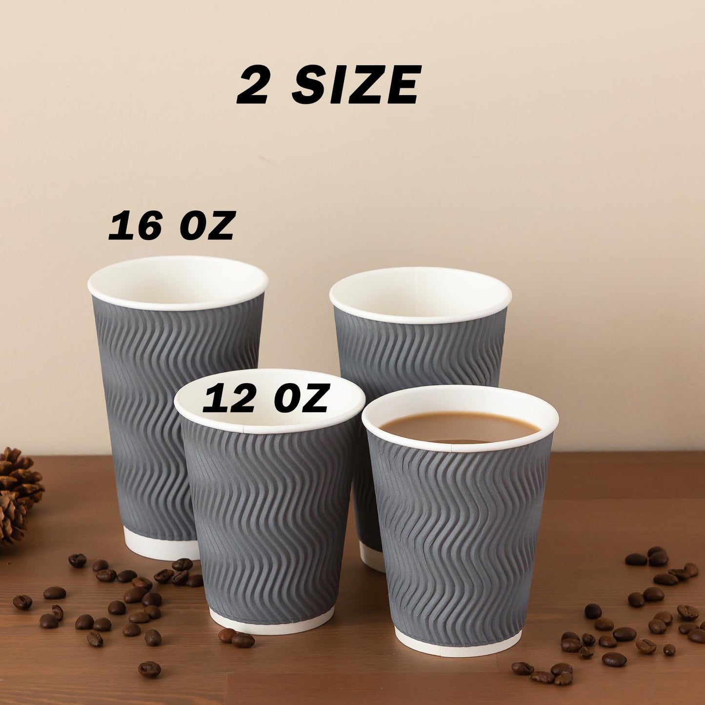 Clawsoff Coffee Cups 12 oz 120 Pack, Corrugated Insulated Ripple Wall Disposable Paper Coffee Cups 12oz, To Go for Hot Beverage or Cold Drinks Office/Home/Cafe/Party/Travel (Gray)