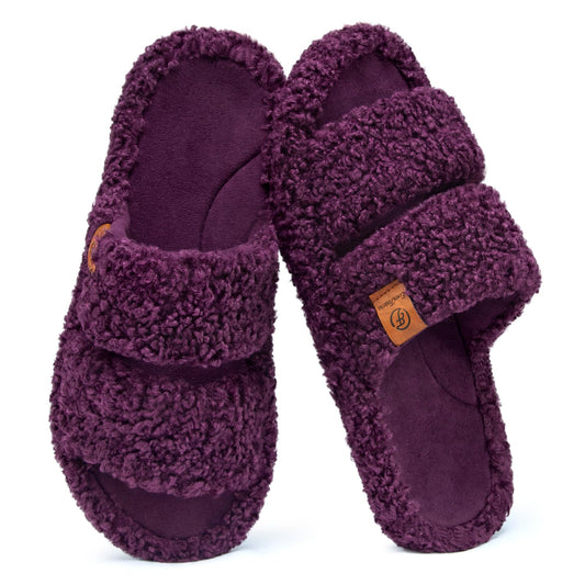 EverFoams Womens Fuzzy Open-toe Slippers Soft Comfy Memory Foam Indoor House Shoes Plum Violet,7-8 US