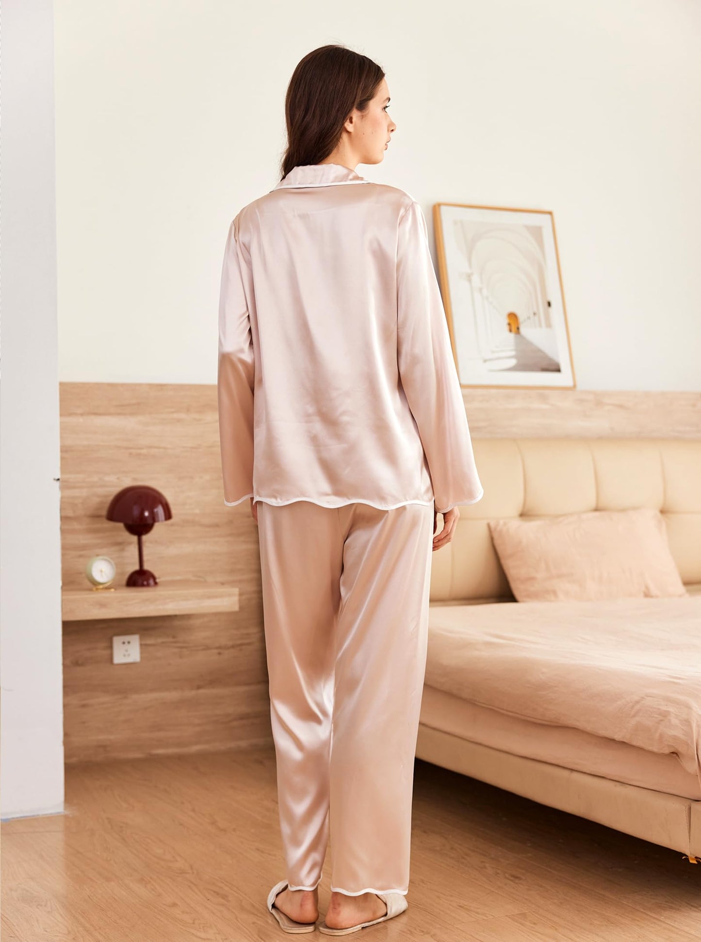 Ekouaer Silk Long Sleeve Pajamas Satin Button Down PJS Ruffle PJ Sets 2 Piece Loungewear Gift for Women Champagne Large