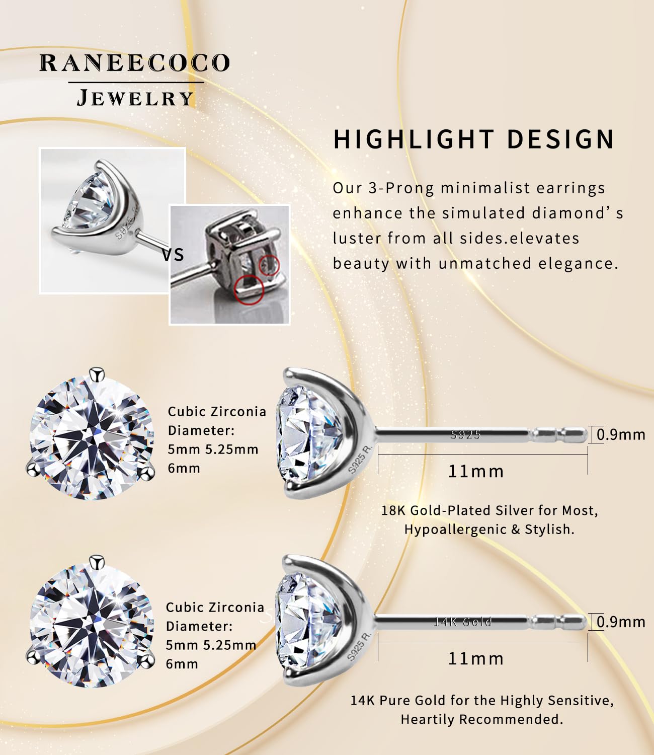 "STUNNING FLAME" 18K Gold Plated Silver Brilliant Cut Simulated Diamond Cubic Zirconia Stud Earrings(yellow-gold-plated-silver, 4.0)