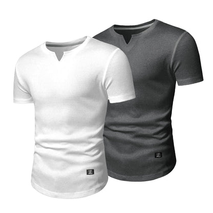 JMIERR Mens 2 Pack V-Neck Muscle Slim Henley Shirt Workout Gym Athletic Shirt Summer Fashion Short Sleeve Shirt for Men, M