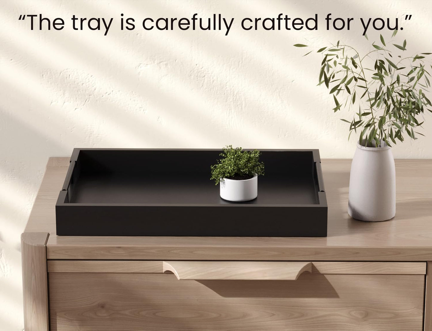 Fibogollo Bamboo Serving Tray with Metal Handles,17x12in Ottoman Decorative Trays Platter for Coffee Table,Living Room,Bar,Party,Large(Black)