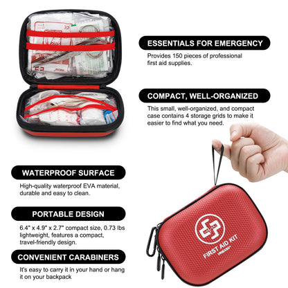 Mini First Aid Kit - 150 Piece Small Waterproof Hard Shell Medical Kit for Home, Car, Travel, Camping, Truck, Hiking, Sports, Office, Vehicle & Outdoor Emergencies- Small First Aid Medical Kit (Red)