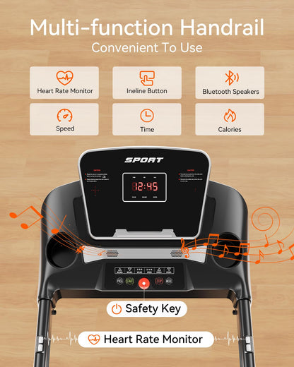 Treadmills for Home, 0-15% Auto Incline, 3.0HP Folding Treadmills for Running Walking with 300 LBS Weight Capacity, Bluetooth & Heart Rate Sensors, Hydraulic Folding