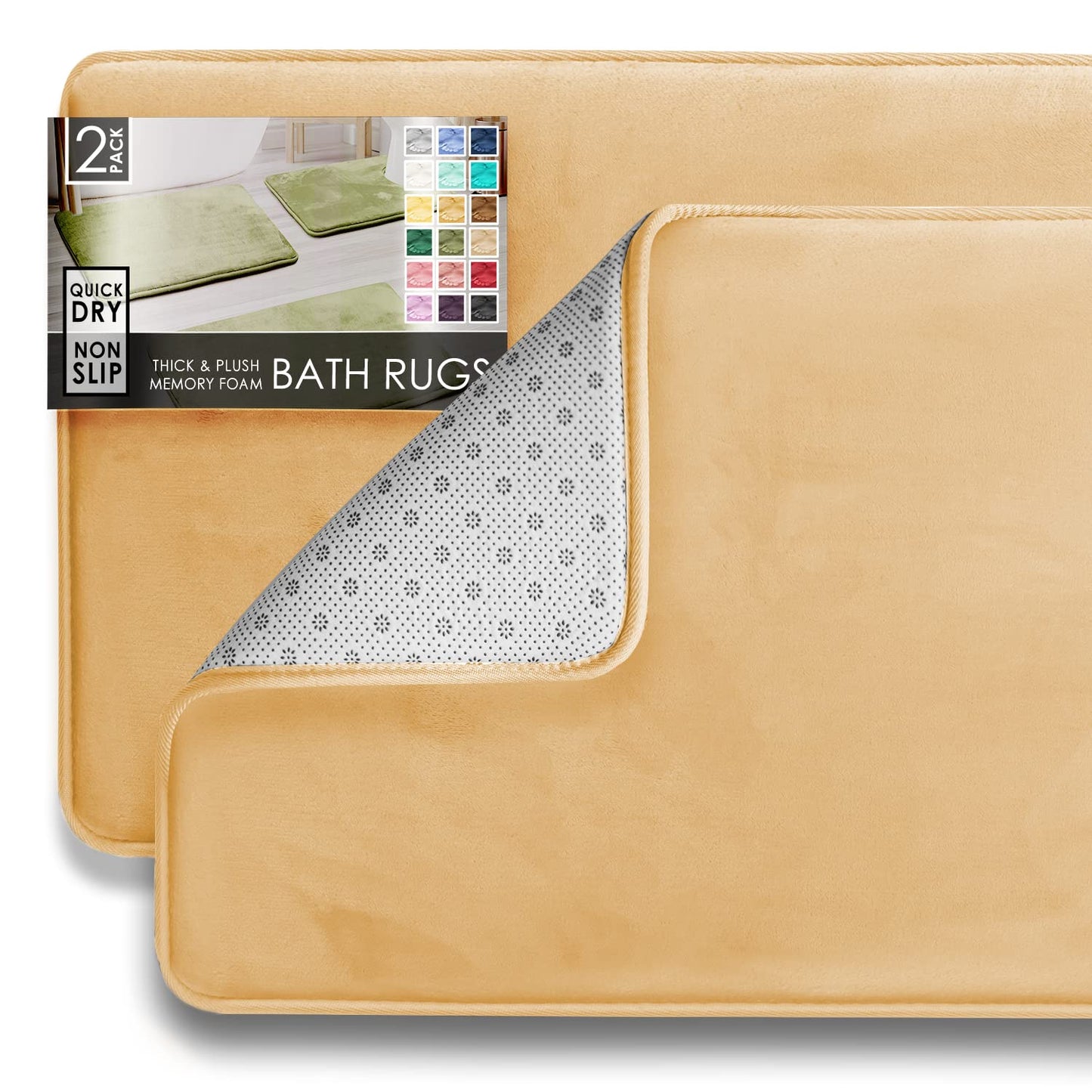 Clara Clark 2 Piece Bathroom Rugs Bath Mat Set, Velvet Memory Foam Bath Mats for Bathroom - Non-Slip, PVC Backing Bath Rugs, Washable - Dries Quickly, Cream