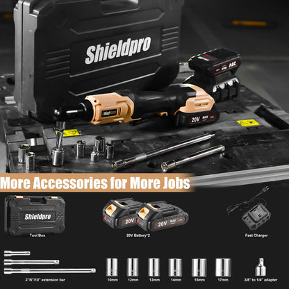 SHIELDPRO 20V Electric Ratchet Wrench Set, 3/8" Cordless Ratchet Kit with 400RPM, Power Torque Ratchets with LED Light, 2 Packs of 2.0AH Batteries, Fast Charger, Sockets, Adapters, and Extension Bars