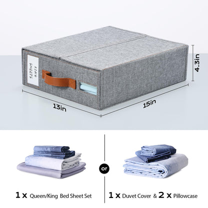Yecaye 4 Pack Bed Sheet Organizer, Foldable Linen Closet Organizers and Storage (Queen & King Size) with Window & Label, Bedding Storage Box for Bedsheets, Duvet Covers and Pillow, Grey