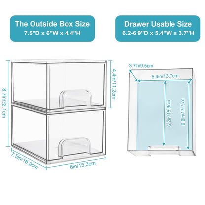 Vtopmart 2 Pack Clear Stackable Storage Drawers, 4.4'' Tall Acrylic Bathroom Makeup Organizer,Plastic Storage Bins For Vanity, Undersink, Kitchen Cabinets, Pantry, Home Organization