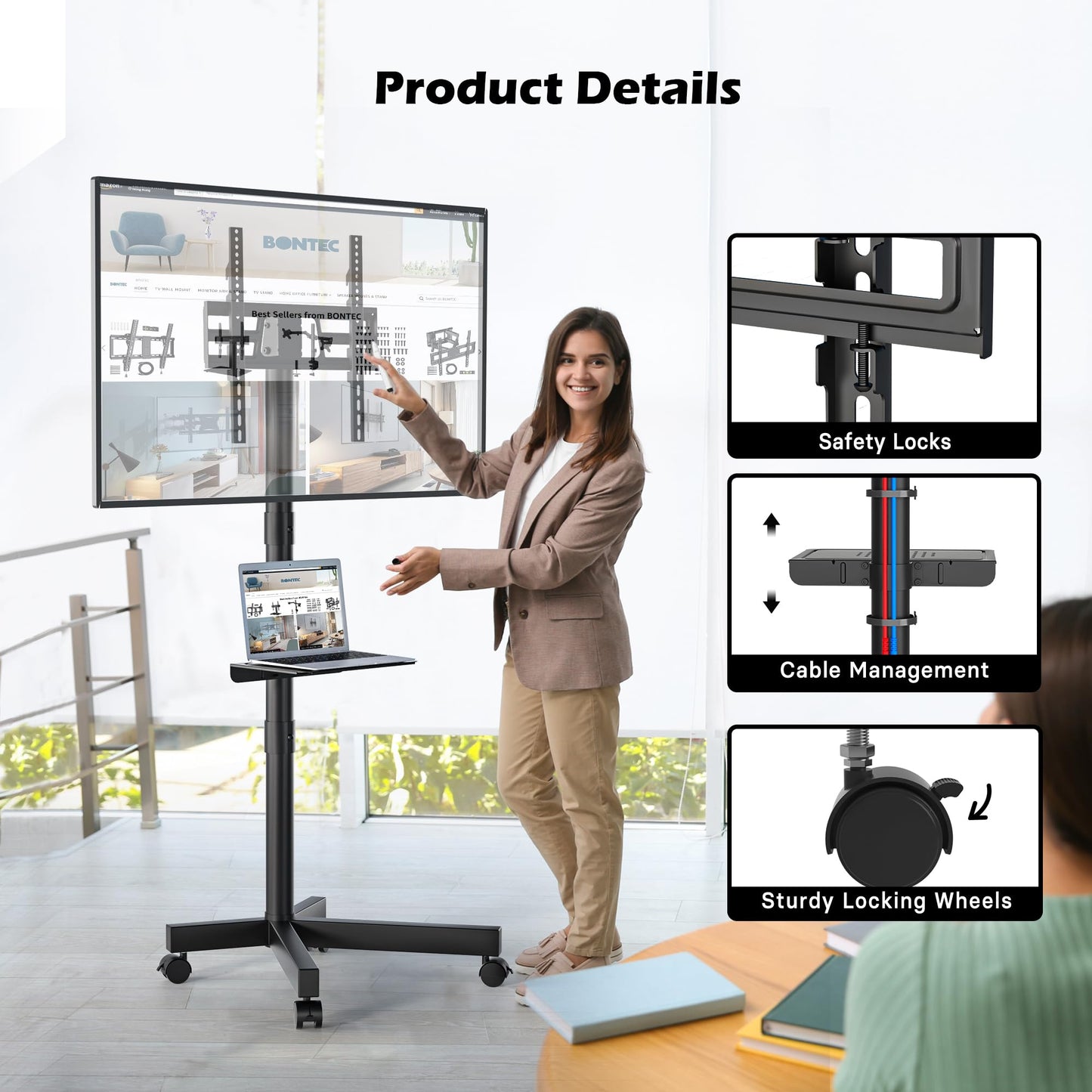 BONTEC Mobile TV Stand with Tilt Function, Rolling TV Stand for 23-60" LED, LCD, OLED TVs, Holds up to 88lbs, Max VESA 400x400mm, Adjustable Media Shelf (Black, 17.1x15.1x53.1 in)