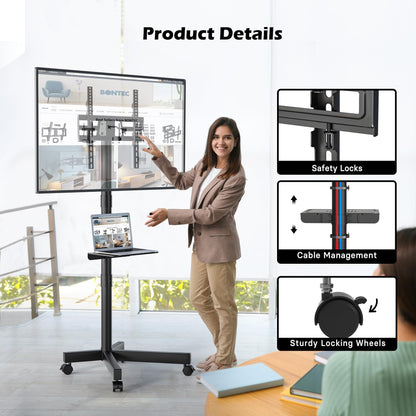 BONTEC Mobile TV Stand with Tilt Function, Rolling TV Stand for 23-60" LED, LCD, OLED TVs, Holds up to 88lbs, Max VESA 400x400mm, Adjustable Media Shelf (Black, 17.1x15.1x53.1 in)