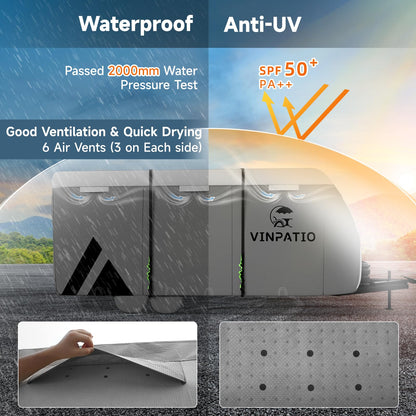 VINPATIO Travel Trailer RV Cover: 7 Layers Heavy Duty RV & Trailer Cover, Toy Hauler Cover Fits 18'-20' RV Camper Cover with 4 Tire Covers, Extra Windproof Straps, Tongue Jack Cover, Gutter Covers