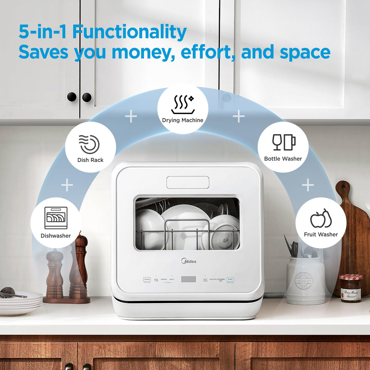 Midea MDC17P4CWW Portable Countertop Mini 5L Built-in Water Tank, Baby Care, No Hookup Needed, 360° Dual Spray,High-Temp wash, Dishwasher for Apartments& RVs, White, Whole
