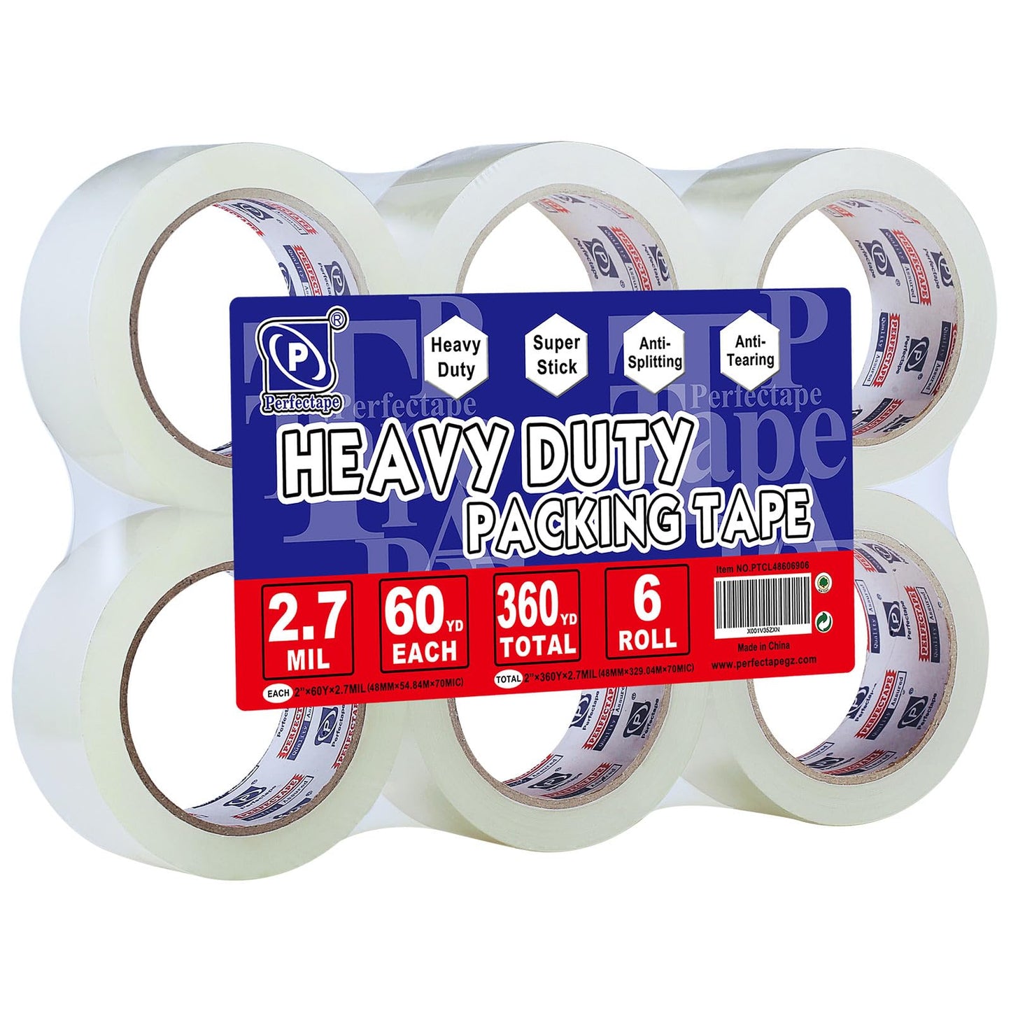 P PERFECTAPE Heavy Duty Packing Tape 6 Rolls, Total 360Y, Clear, 2.7 mil, 1.88 inch x 60 Yards, Ultra Strong, Refill for Packaging and Shipping