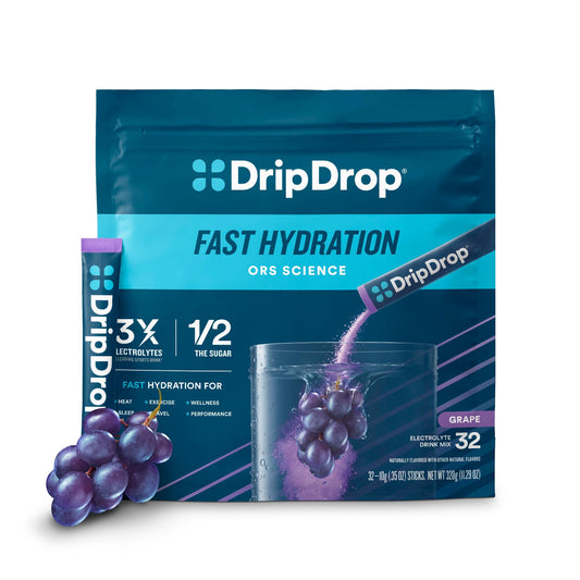 DripDrop Hydration Packets - Grape - Single Serve Electrolytes Powder Drink Mix - Non-GMO, Gluten Free, Vegan - 32 Sticks