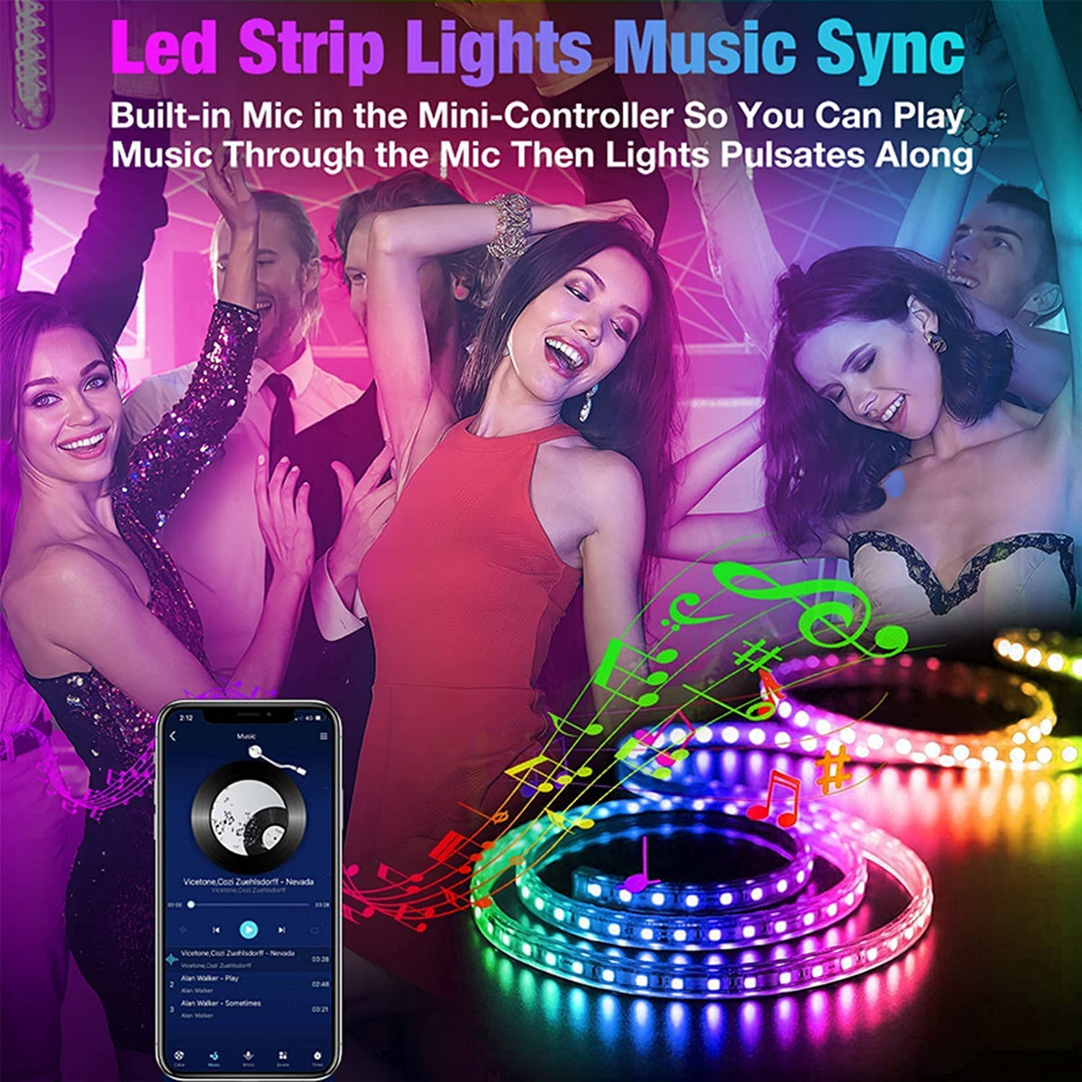 REEMEER Led Lights 100ft Smart APP Control Music Sync Strip Lights RGB Color Changing Strips with Remote, for Bedroom Kitchen and Party