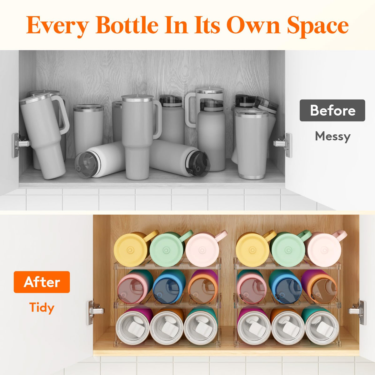 Lifewit Stackable Water Bottle Storage Organizer, Clear Freestanding Wine Bottle Holder for Cabinet, Tumbler Cup Organizer, Plastic Large Compartment Wine Rack for Fridge Cellar, 3Tier Hold 9