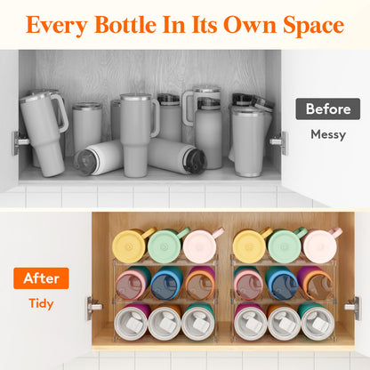 Lifewit Stackable Water Bottle Storage Organizer, Clear Freestanding Wine Bottle Holder for Cabinet, Tumbler Cup Organizer, Plastic Large Compartment Wine Rack for Fridge Cellar, 3Tier Hold 9