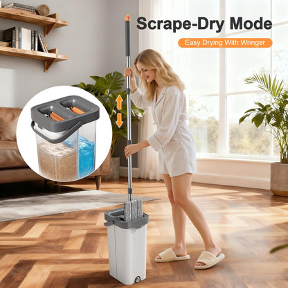 MUEE Mop and Bucket with Wringer Set for Home, Flat Mop and Bucket Set for Floor Cleaning and Window Wall Cleaner, Wet and Dry Mop with Long Handle and 3 Microfiber Pads