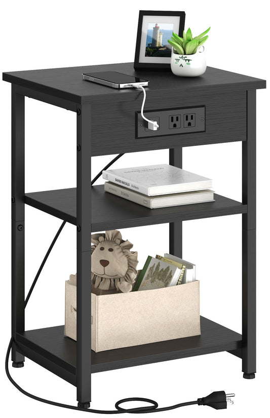 CALERTAIN End Tables with Charging Station USB Ports, 3 Tier Tall Night Stand with Storage Shelves,Narrow Side Table for Small Space Living Room Bedroom Office, Record Player Stand, Black