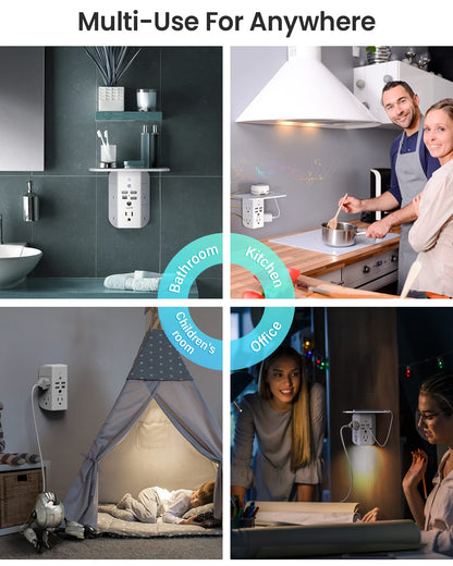 Mifaso 3-Sided Multi Plug Power Strip, Wall Extender with Shelf, Night Light & Surge Protector, USB Wall Charger with 5 AC Wide Space Outlets and 3 USB & 1 C Port, White