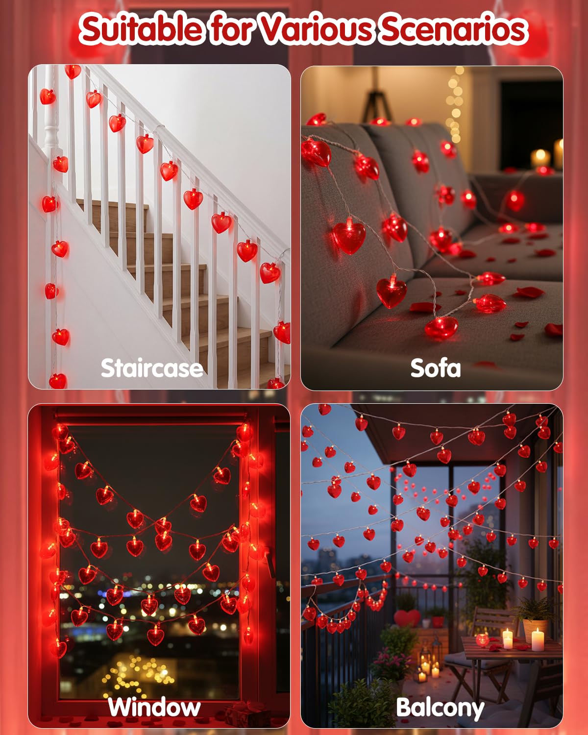 SUNSGNE 8.5Ft Red Heart String Lights, Valentines Lights with 10 LED Red Heart Bulbs for Valentine Mother's Day Wedding Anniversary Party Christmas Decor