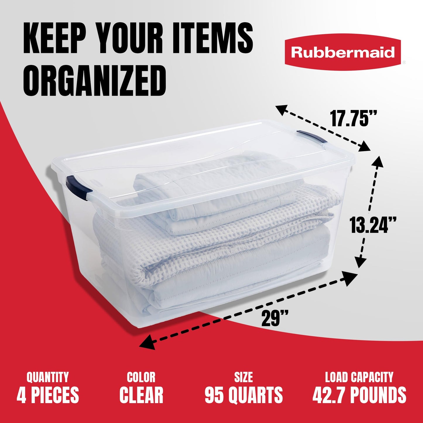 Rubbermaid Cleverstore 95 Quart Clear Stackable Large Plastic Storage Containers with Lids for Office and Home Organization, Clear (4 Pack)