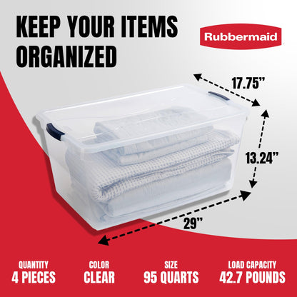 Rubbermaid Cleverstore 95 Quart Clear Stackable Large Plastic Storage Containers with Lids for Office and Home Organization, Clear (4 Pack)