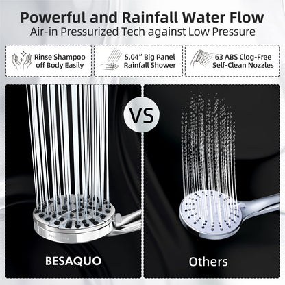 BESAQUO Shower Head,10 Functions High Pressure shower head with handheld, Built-in Pause Mode & 2 Power Wash, Non-Clogging Nozzles High Flow Hand Held Shower Head, Leakproof 6.5ft Hose&Metal Bracket