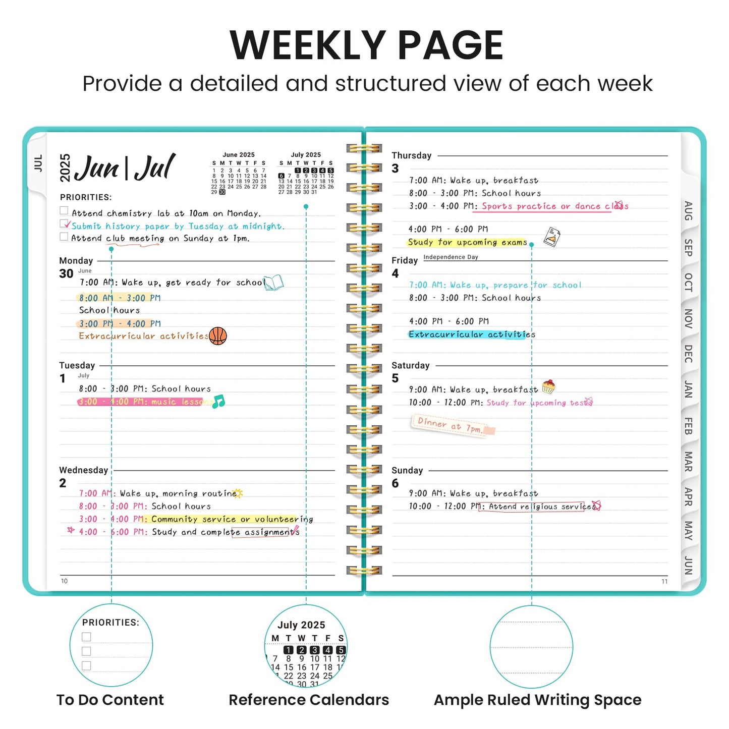 Academic Planner 2025-2026 For Women & Men, Monthly and Weekly Calendar Planner, Jul 2025 - Jun 2026, A5 (6.3" x 8.5"), Teacher Student Planning Book with Tabs, Ideal for Office School Supplies - Aquamarine